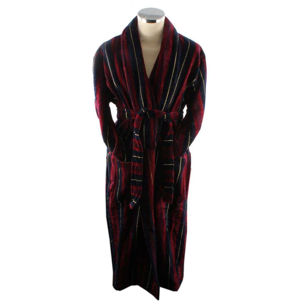 Bown Of London Marchand Egyptian Cotton Velour Dressing Gown - Wine/Navy/Gold - Image 4