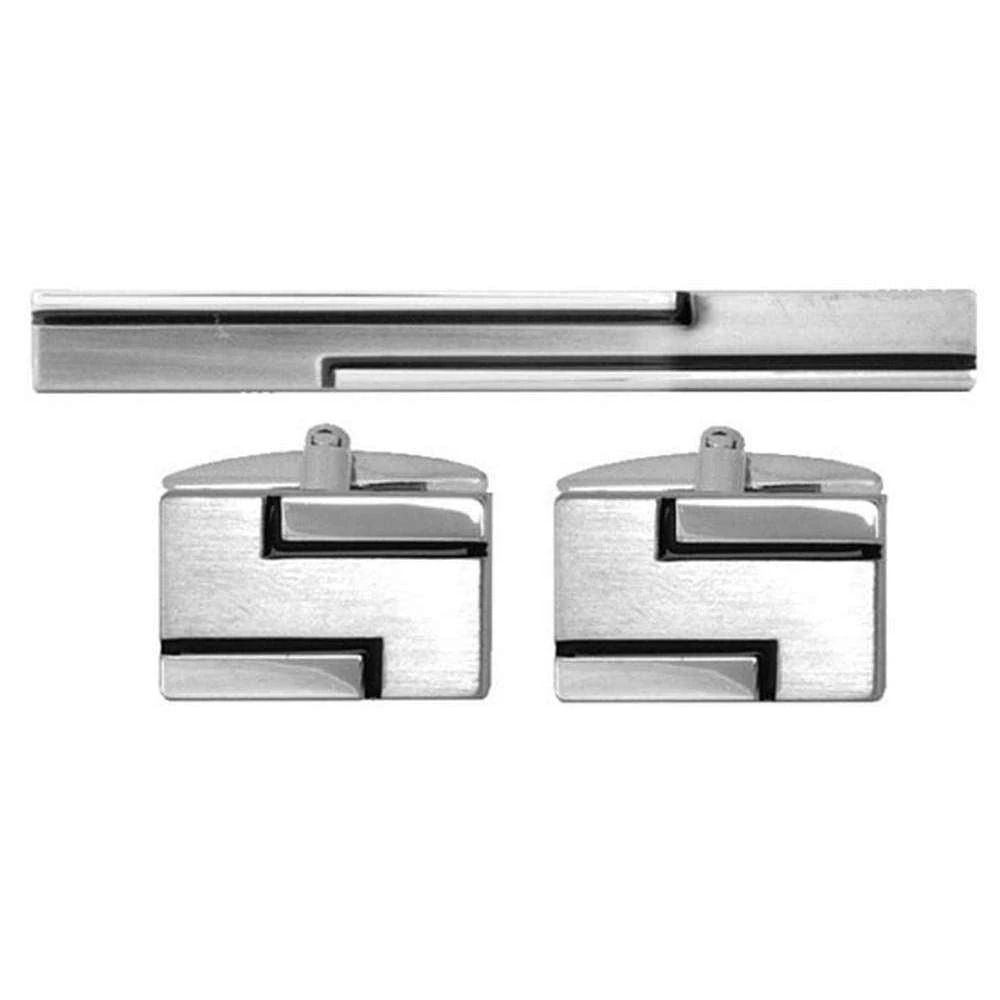 David Van Hagen Lined Cufflinks And Tie Slide Set - Silver/Black