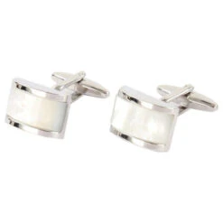 David Van Hagen Mother Of Pearl Domed Rectangle Cufflinks - Silver/Cream