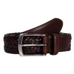 Dents Plaited Leather Belt - Brown/Navy