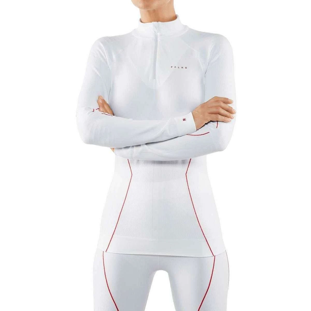 Falke Maximum Warm Tight Fit Long Sleeve Zipped Shirt - White/Red