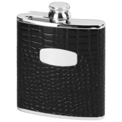 Orton West 6oz Baby Croc Style Captive Top Hip Flask - Black/Silver