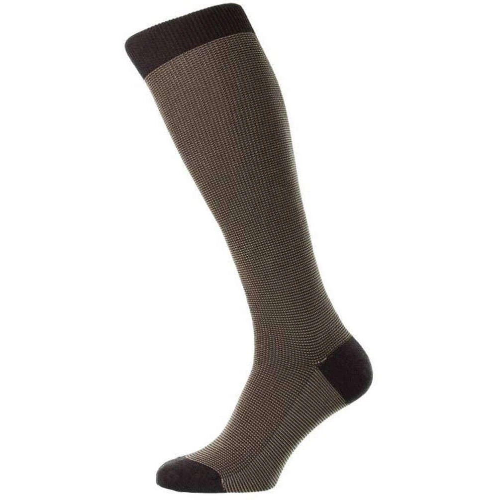 Pantherella Tewkesbury 3 Colour Birdseye Cotton Fil D'Ecosse Over The Calf Socks - Dark Brown Mix