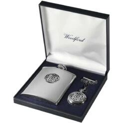Woodford Celtic Knot 6oz Hip Flask And Pocket Watch Set - Silver