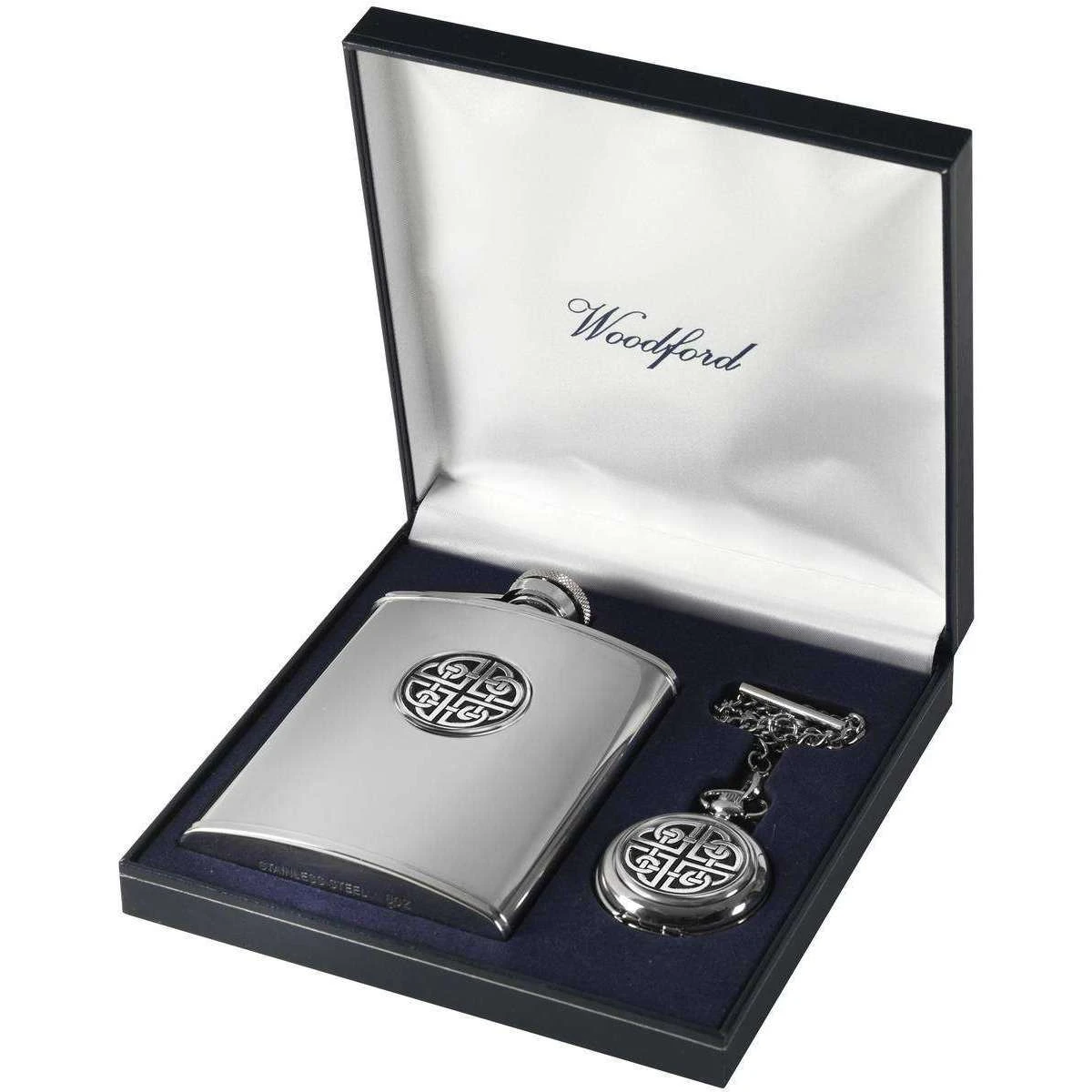 Woodford Celtic Knot 6oz Hip Flask And Pocket Watch Set - Silver