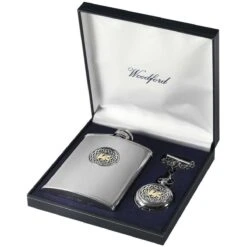 Woodford Welsh Dragon 6oz Hip Flask And Pocket Watch Set - Silver